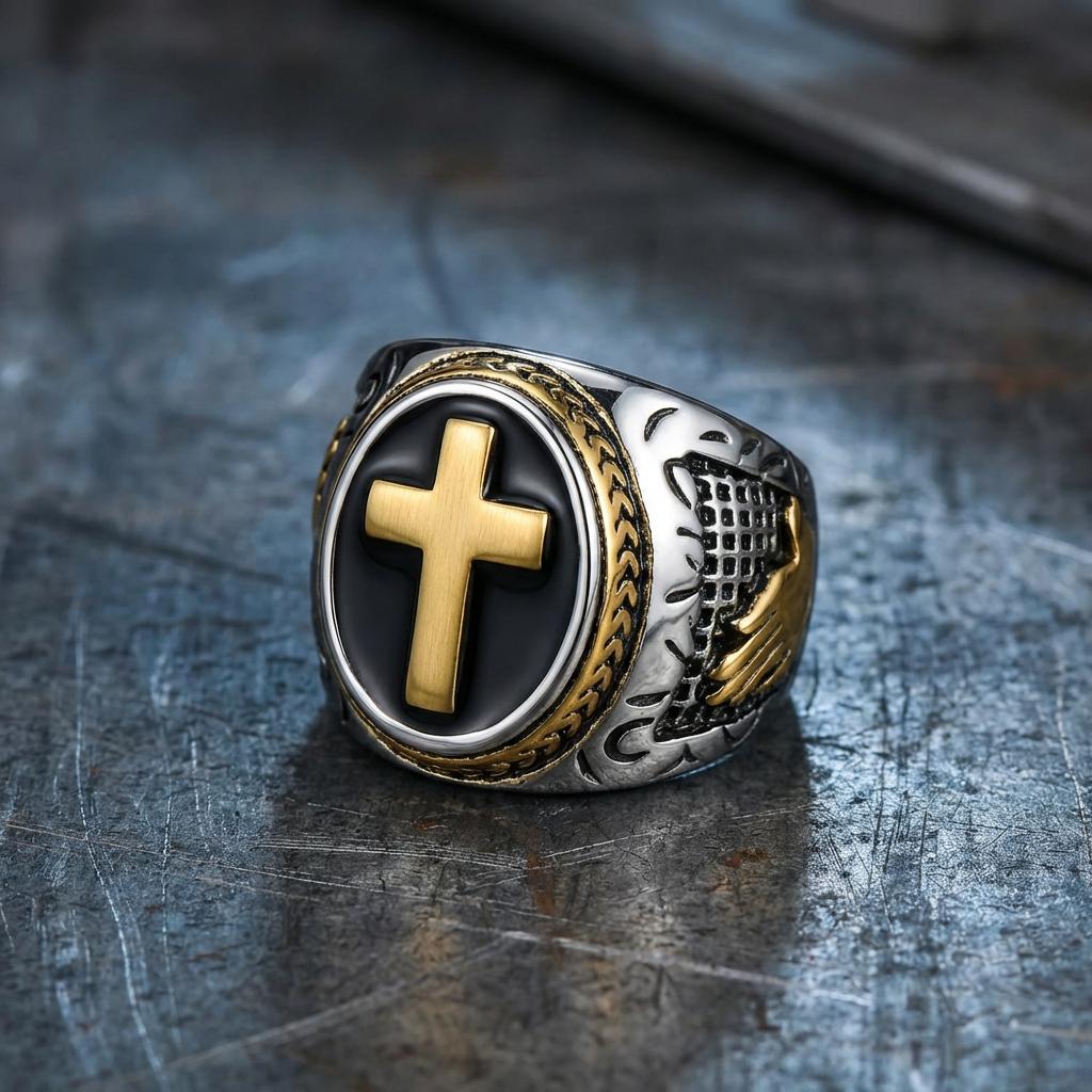 Gold Cross Signet Ring – Christian Faith Ring for Men, Stainless Steel ...