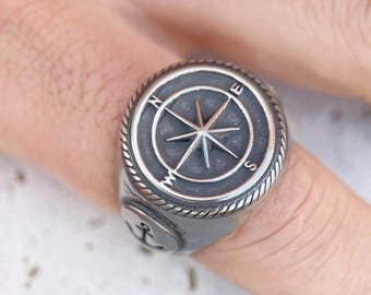 Men's Stainless Steel Compass Rose Signet Ring with Nautical Anchor Design - Bold Birthday Gift Idea