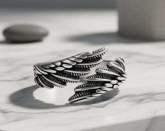 Vintage Silber Engel Flügel Ring, Feder Band, Art Deco Boho Ring Freundin