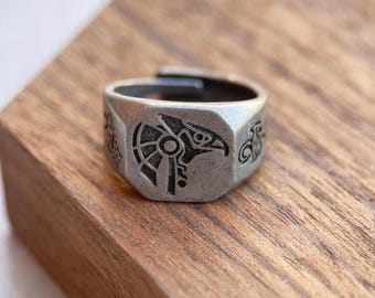 Men's Stainless Steel Anubis and Horus Signet Ring - Handmade Vintage Punk Jewelry - Egyptian Gods Silver Ethnic Ring