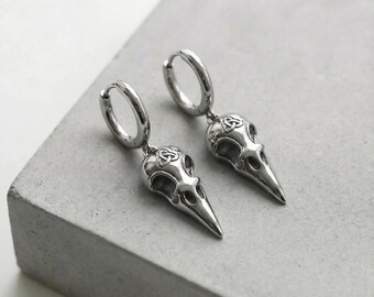 Gothic Black Stainless Steel Skull Crow Earrings, Edgy Dangle Drop, Hypoallergenic Statement Jewelry