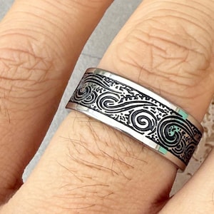 Engraved Silver Wave Ring for Men: Handmade Steel Surfer Jewelry