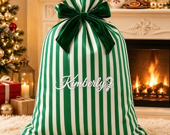 Vintage Green Striped Personalized Christmas Sack Custom Embroidered Candy Cane Santa Sack Christmas Decor LXY1609