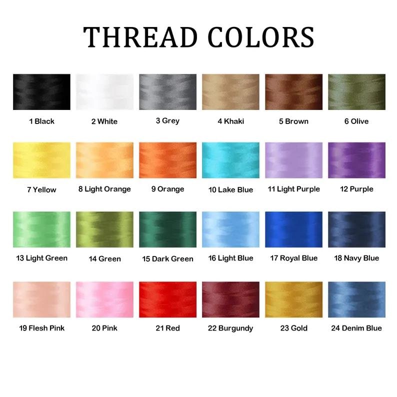 May include: A color chart titled "THREAD COLORS" displays 24 thread colors. Colors include black, white, grey, khaki, brown, olive, yellow, light orange, orange, lake blue, light purple, purple, light green, green, dark green, light blue, royal blue, navy blue, flesh pink, pink, red, burgundy, gold, and denim blue.