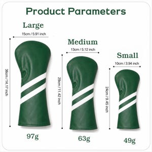 May include: Three green golf club head covers with white stripes, labeled Large (14.17 inches tall), Medium (11.42 inches tall), and Small (9.45 inches tall). The covers are shown with their dimensions in inches and centimeters, and weights in grams.