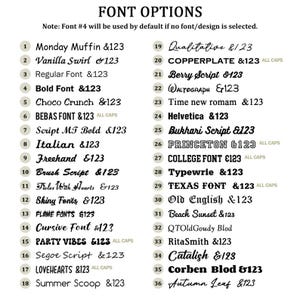 May include: A list of 36 font options with sample text and numbers. The fonts vary in style, including bold, script, and decorative options. The text "FONT OPTIONS" is at the top, with a note about the default font.