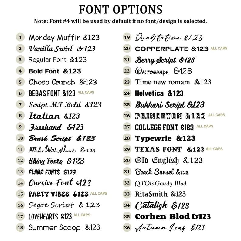 May include: A list of 36 font options with sample text and numbers. The fonts vary in style, including bold, script, and decorative options. The text "FONT OPTIONS" is at the top, with a note about the default font.