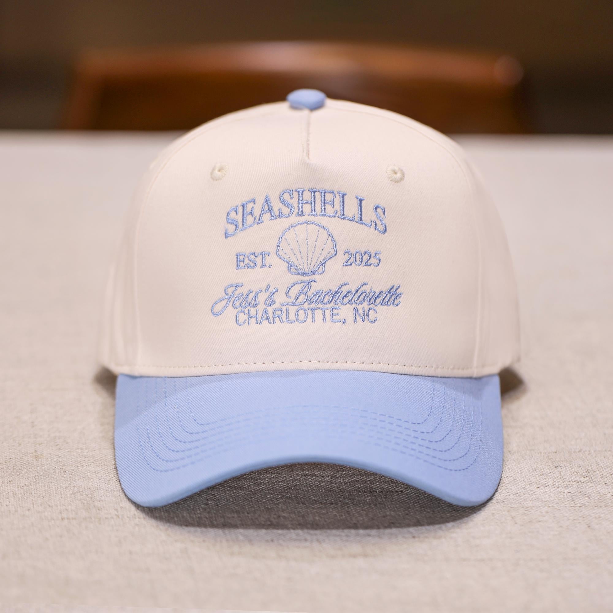 Blue and White Trucker Hat with Sequin Shell and Patches Blue Sea Shell Trucker Hat – South Kitsap Hats main image 2