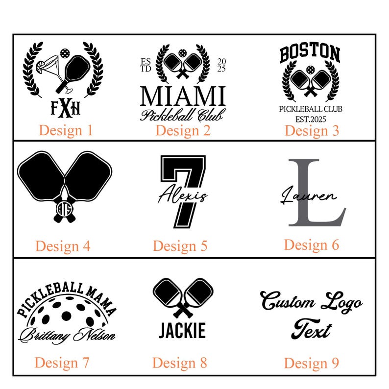 May include: A collection of nine pickleball-themed designs in black and white. Designs include text such as "FXH", "MIAMI Pickleball Club", "BOSTON Pickleball Club", "Alexis", "Lauren", "PICKLEBALL MAMA", and "JACKIE".