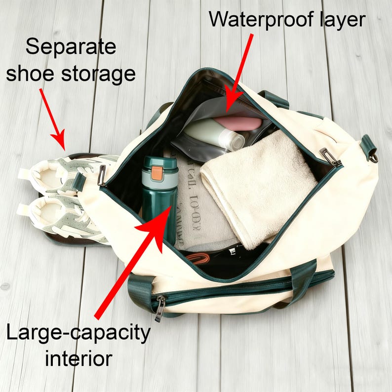 May include: Cream-colored duffel bag with a large-capacity interior, separate shoe storage, and a waterproof layer. The bag has dark green accents and a dark green handle. Inside the bag is a water bottle, towel, and toiletries.
