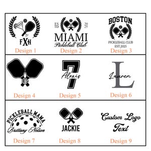 May include: Nine black and white pickleball designs are displayed. The designs feature text including "FXH", "MIAMI Pickleball Club", "BOSTON Pickleball Club", "Alexis", "Lauren", "PICKLEBALL MAMA", and "JACKIE".