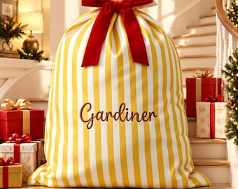 Custom Embroidered Family Name Christmas Gift Bag Personalized Vintage Stripe Canvas Present Bag Christmas  Decor LXY1609