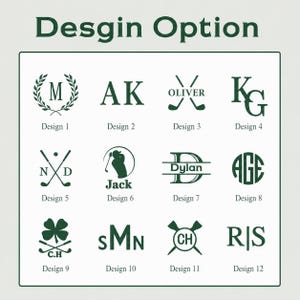 May include: A graphic featuring twelve design options in dark green. The designs include initials, names, and golf-themed elements like crossed golf clubs and a golfer silhouette. Text at the top reads "Design Option."