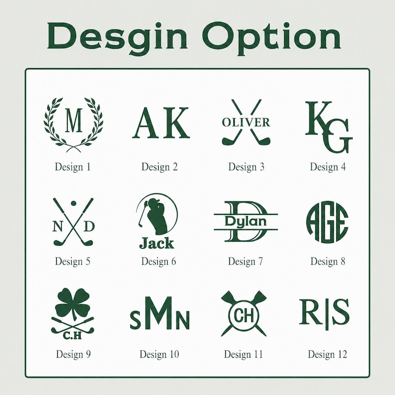 May include: A graphic featuring twelve design options in dark green. The designs include initials, names, and golf-themed elements like crossed golf clubs and a golfer silhouette. Text at the top reads "Design Option."