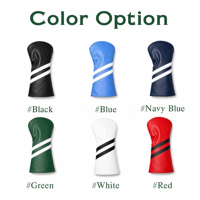 May include: The image displays golf club head covers in various colors: black, blue, navy blue, green, white, and red. Each cover has a diagonal white stripe or stripes. The text "Color Option" is at the top.
