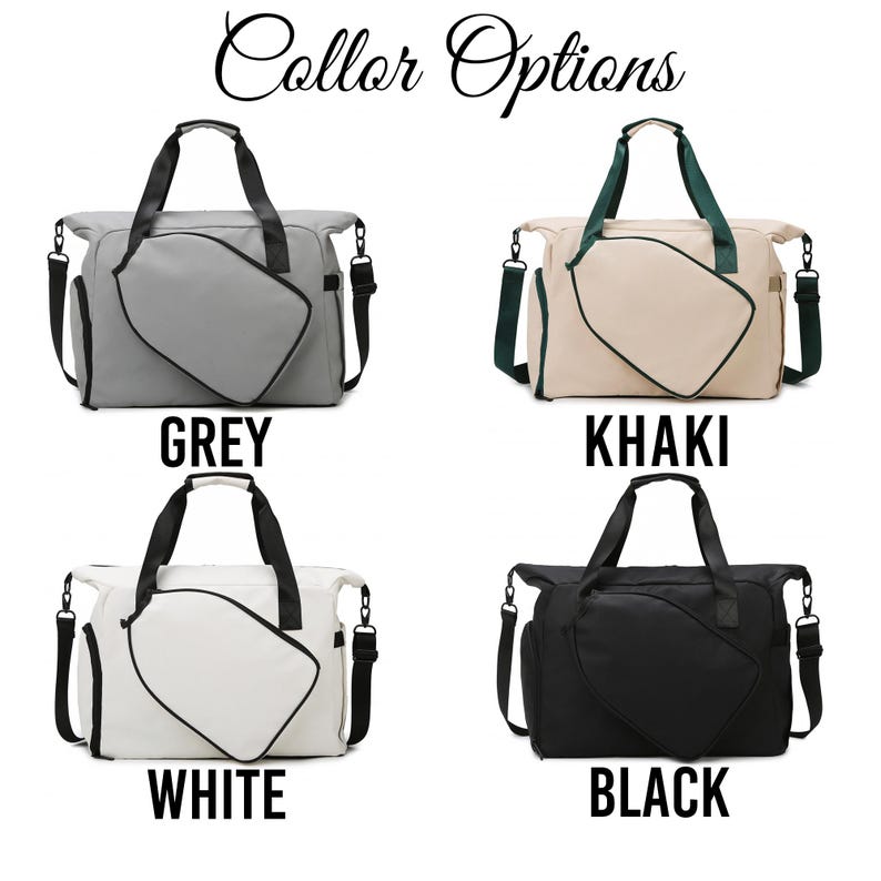 May include: Four duffel bags in grey, khaki, white, and black, each with a contrasting geometric design on the front. The bags have top handles and adjustable shoulder straps. The text "Color Options" is at the top.