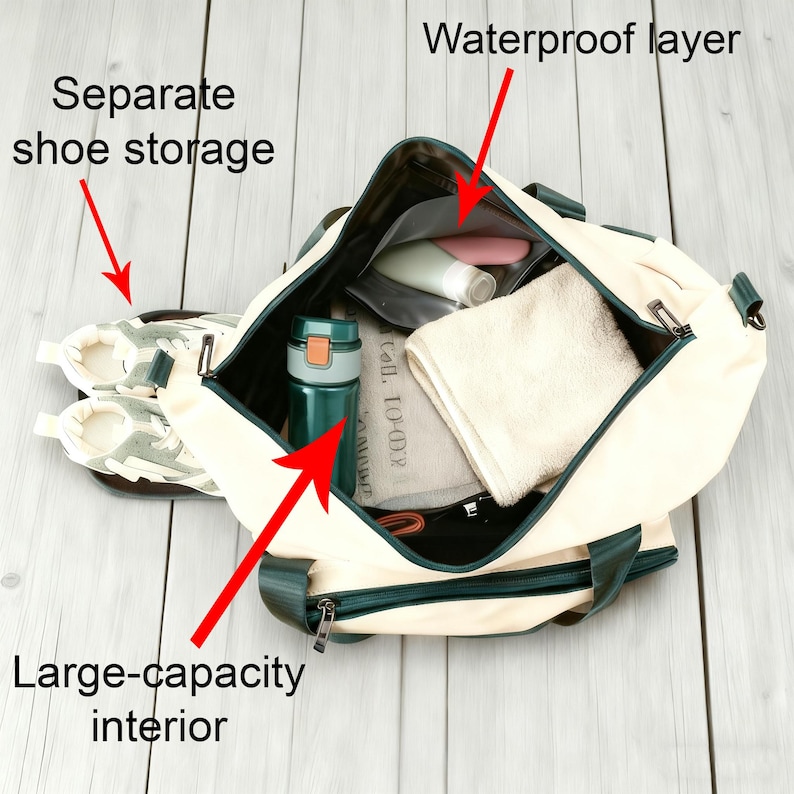 May include: Cream-coloured duffel bag with a large-capacity interior, separate shoe storage, and a waterproof layer. The bag has dark green accents and a dark green handle. Inside the bag is a water bottle, towel, and toiletries.