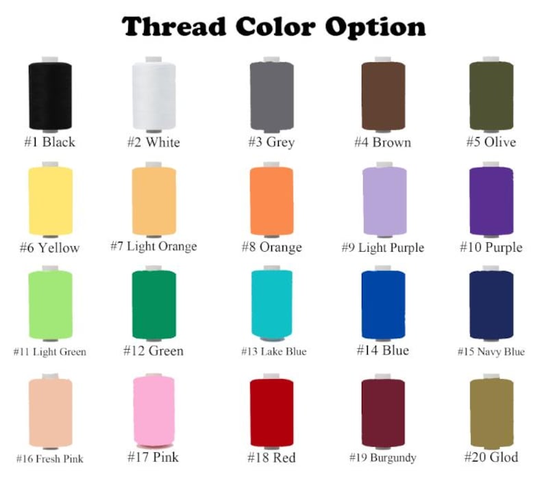 May include: A color chart of thread spools, each labeled with a number and color name. Colors include black, white, grey, brown, olive, yellow, light orange, orange, light purple, purple, light green, green, lake blue, blue, navy blue, fresh pink, pink, red, burgundy, and gold.