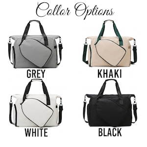 May include: Four duffel bags in grey, khaki, white, and black, each with a contrasting geometric design on the front. The bags have top handles and adjustable shoulder straps. The text "Color Options" is at the top.