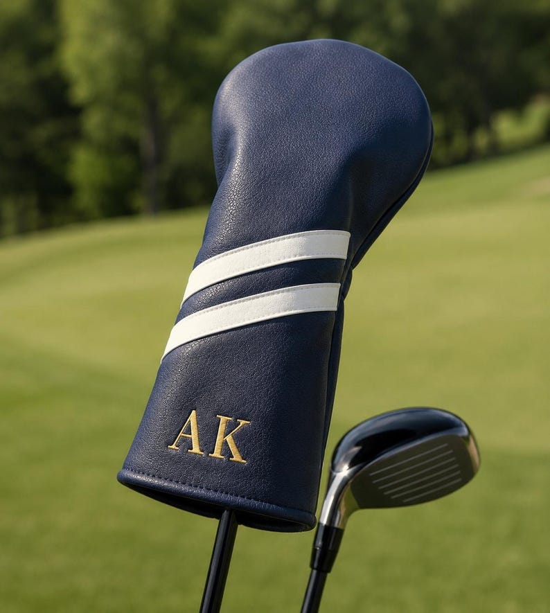 May include: Navy blue golf club head cover with two white stripes and gold embroidered initials "AK". The cover is on a golf club with a black shaft and a shiny black club head. The background is a green golf course.