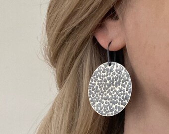 Handmade Large Oxidised Hammered Sterling Silver Disc Earrings, Circle Earrings, Earrings for Woman, Gift for Her,