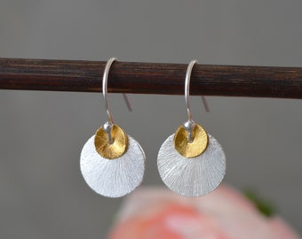 Silver and Gold Textured Disc Dangle Earrings, Sterling Silver And 24k Gold Vermeil Earrings, Two Colour Earrings, Two Tone Earrings.