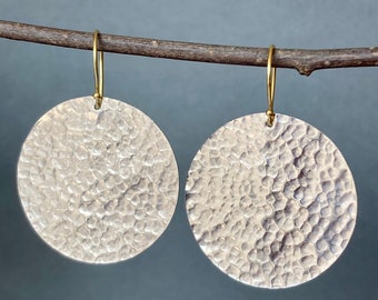 Handmade Large Hammered Sterling Silver Disc Earrings, Gold Vermeil and Silver Earrings, Circle Earrings, Earrings for Woman, Gift for Her,