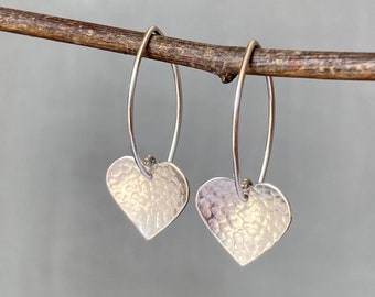 Handmade Sterling Silver Textured Dangle Heart Earrings. Earrings For Woman.