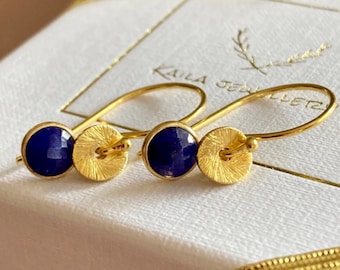 24k gold vermeil and sapphire earrings. September birthstone earrings.