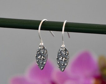 Small sterling silver oxidised reticulated dangle earrings.