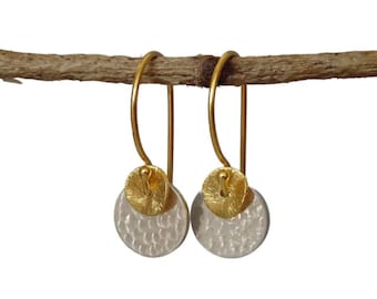 Gold and Silver Hammered Disc Earrings, 24k Gold Vermeil, Sterling Silver Dangle Earrings. Two Colour Earrings, Two Tone Earrings, For Her