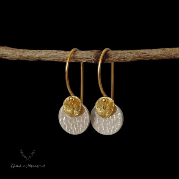 Hammered Disc Dangle Earrings: 24K Gold Vermeil & Sterling Silver
