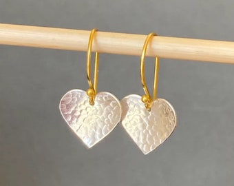 Gold and Silver Dangle Hammered Heart Earrings. Sterling Silver And 24k Gold Vermeil Earrings.