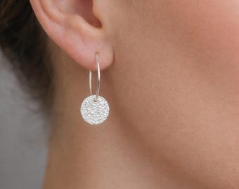 Hammered Sterling Silver Disc Hoop Earrings: Sand Texture