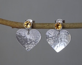 Citrine November birthstone sterling silver heart stud earrings. Valentines day gift.