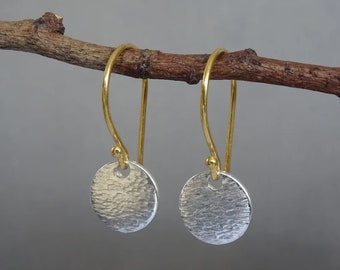 Hammered sterling silver disc and gold ear wire earrings. Gold and silver disc earrings. Gift for her. Earrings for woman.