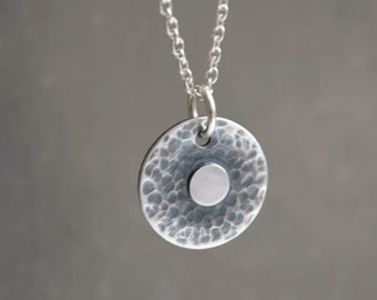 Handmade Sterling Silver Oxidised Hammered Disc Necklace Pendant. Circle Necklace. Disc Charm Necklace.
