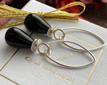 Black onyx earrings dangle. Sterling silver black onyx earrings. Earrings gemstone silver. Gift for her. Gift for woman.