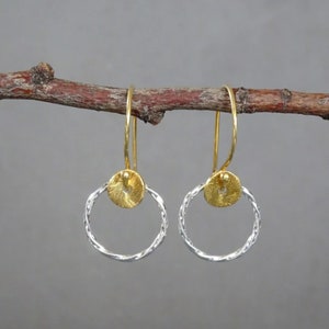 Gold and silver circle earring. Sterling silver and 24k gold vermeil earrings. Earrings for woman. Gift for her.
