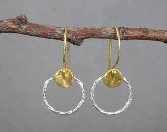 Gold and silver circle earring. Sterling silver and 24k gold vermeil earrings. Earrings for woman. Gift for her.