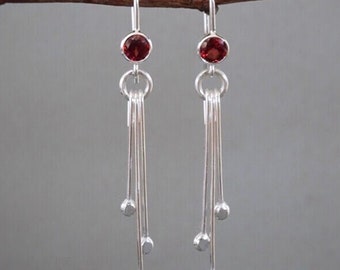 Garnet birthstone sterling silver dangle earrings.