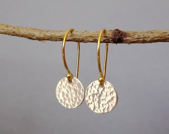 Hammered sterling silver disc and gold ear wire earrings. Gold and silver disc earrings. Gift for her. Earrings for woman.