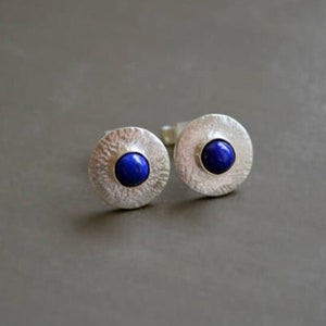 Lapis lazuli sterling silver disc stud earrings.