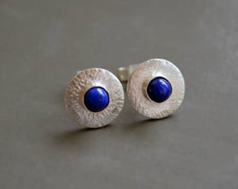 Lapis lazuli sterling silver disc stud earrings.