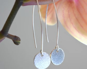 Minimalist Long Hammered Sterling Silver Disc Dangle Earrings. Circle Earrings, Round Earrings, Textured Earrings For Woman