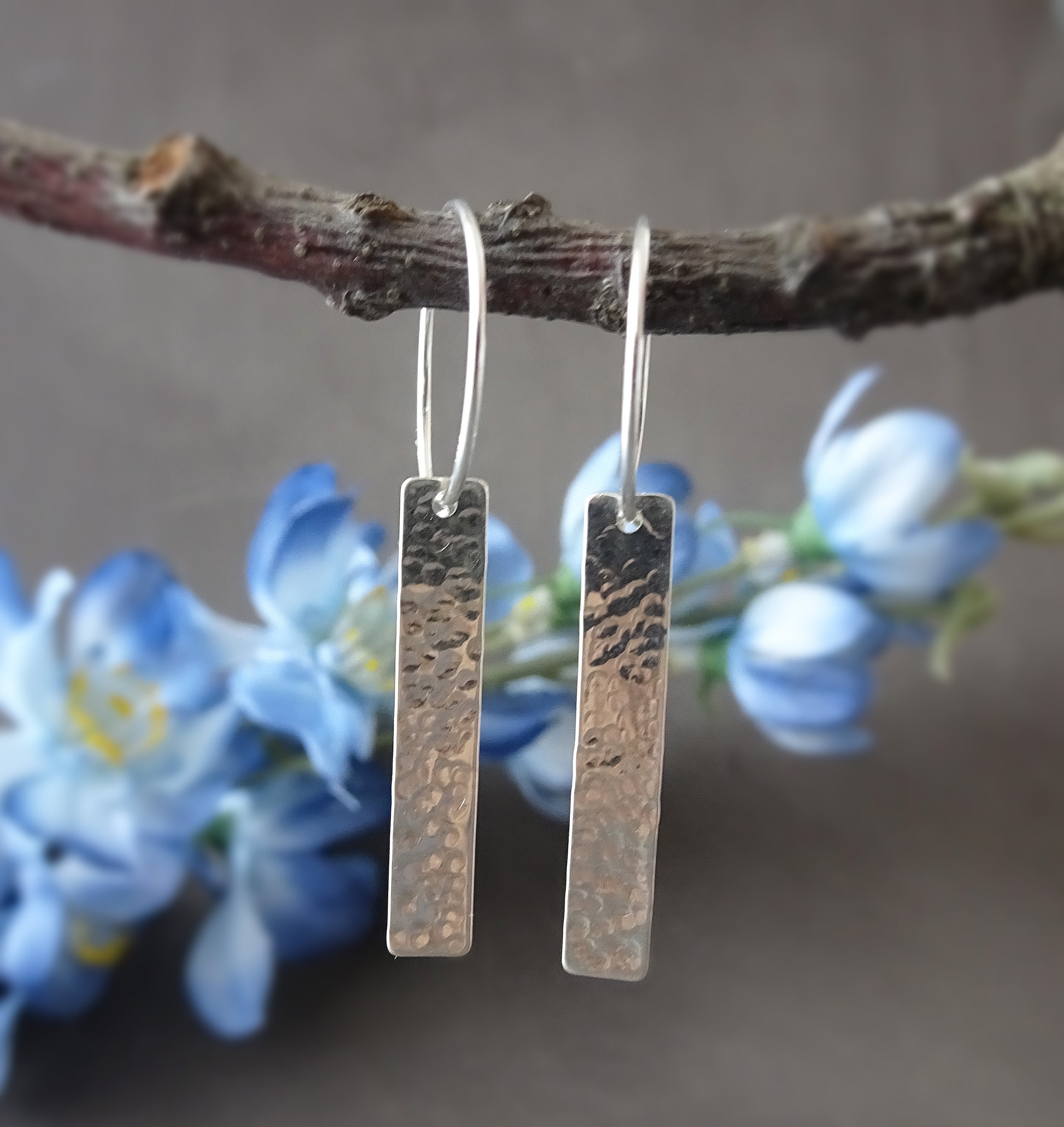 Sterling Silver Dangle Hammered Oblong Hoop Earrings. - Etsy