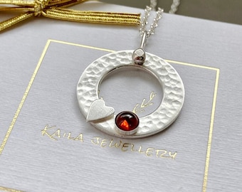 Garnet birthstone, heart sterling silver textured circle necklace. January birthstone necklace. Handmade necklace.