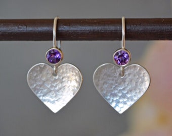 Amethyst heart earrings. Sterling silver heart earrings. Silver drop earrings. Gift for her.