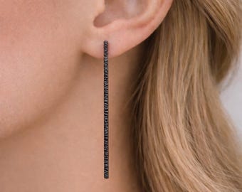 Minimalist handmade oxidised sterling silver hammered bar stud earrings.