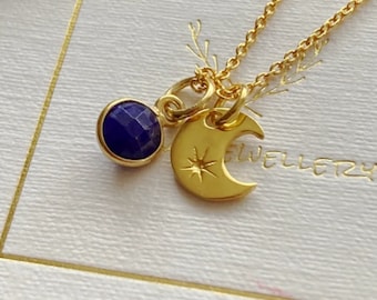 Sapphire, crescent moon charm gold vermeil necklace. September birthstone necklace. Sterling silver gold plated necklace.